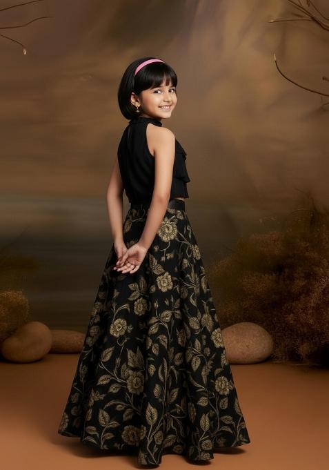Girls Black Floral Print Satin Lehenga Set