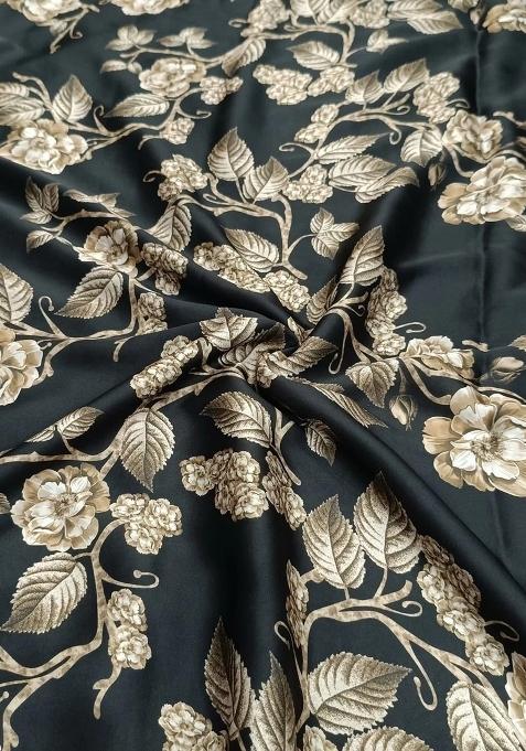 Girls Black Floral Print Satin Lehenga Set