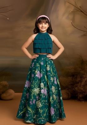 Girls Teal Blue Floral Print Satin Lehenga Set