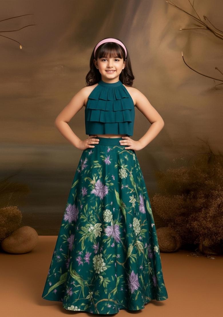 Girls Teal Blue Floral Print Satin Lehenga Set