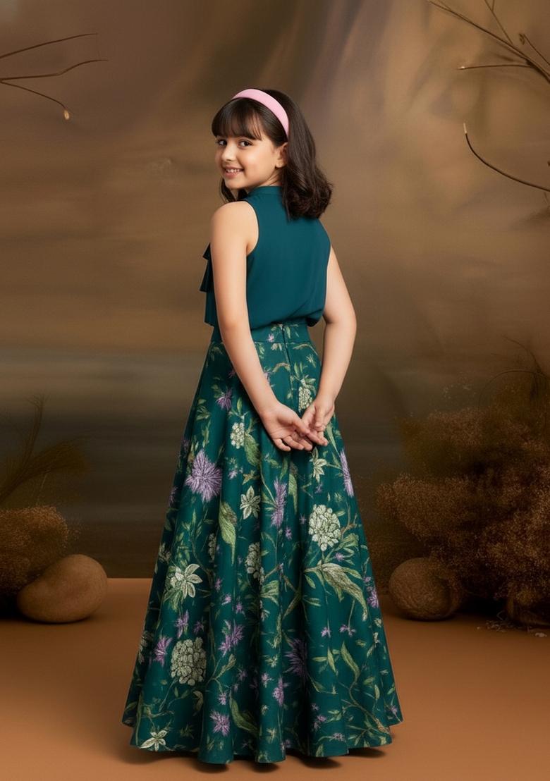 Girls Teal Blue Floral Print Satin Lehenga Set