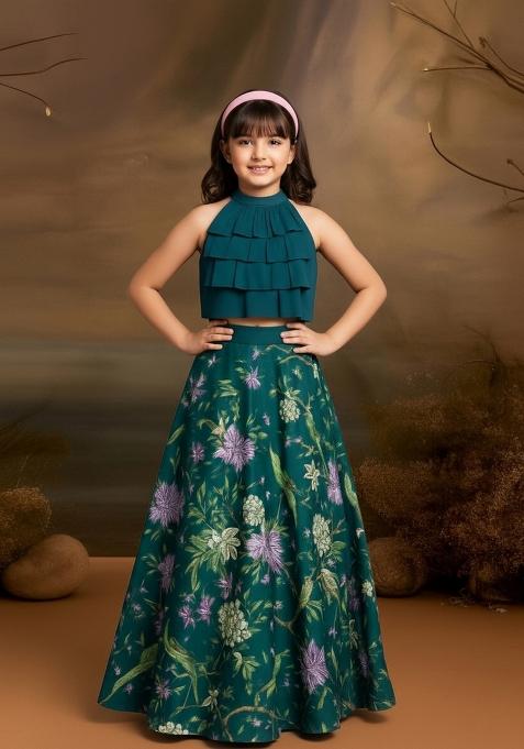 Girls Teal Blue Floral Print Satin Lehenga Set