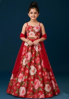 Girls Red Floral Print Satin Lehenga Set
