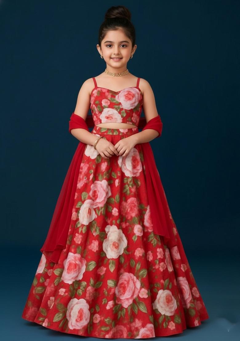 Girls Red Floral Print Satin Lehenga Set