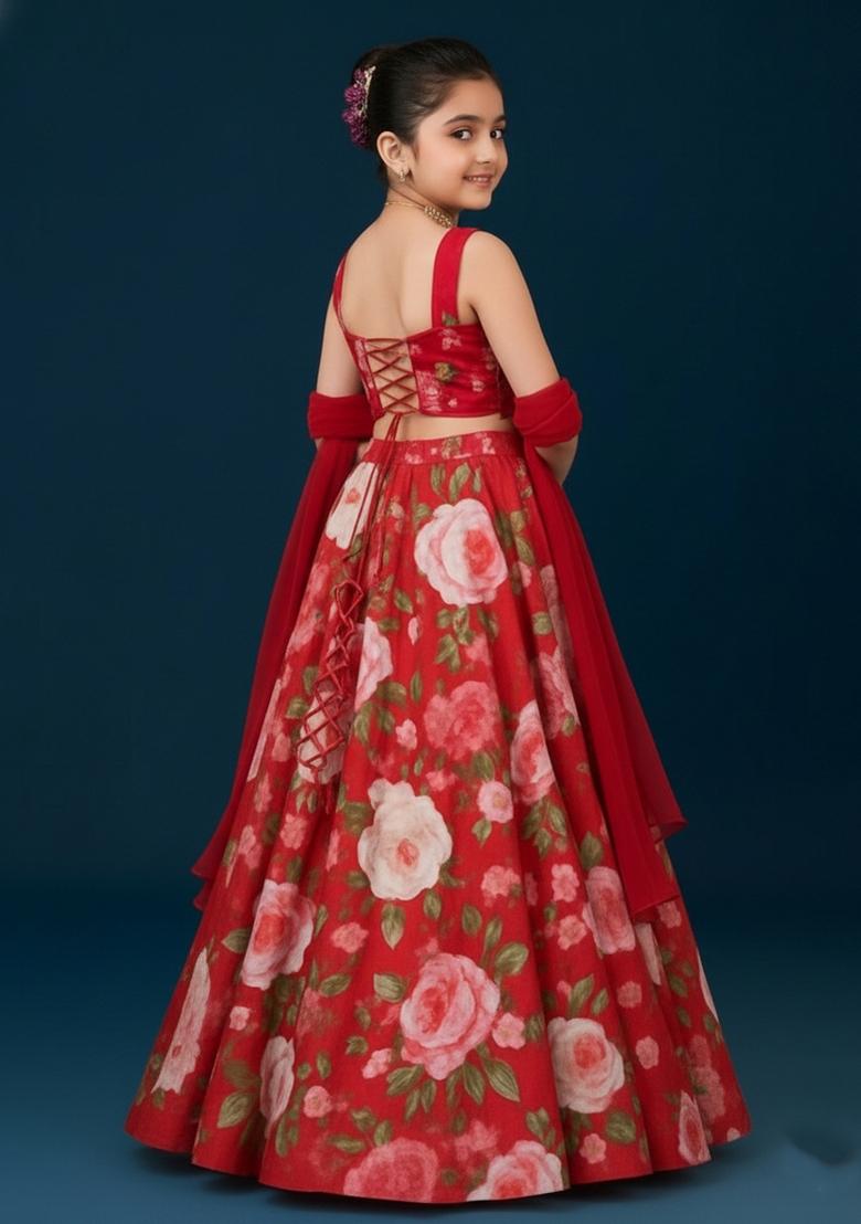 Girls Red Floral Print Satin Lehenga Set - Indya