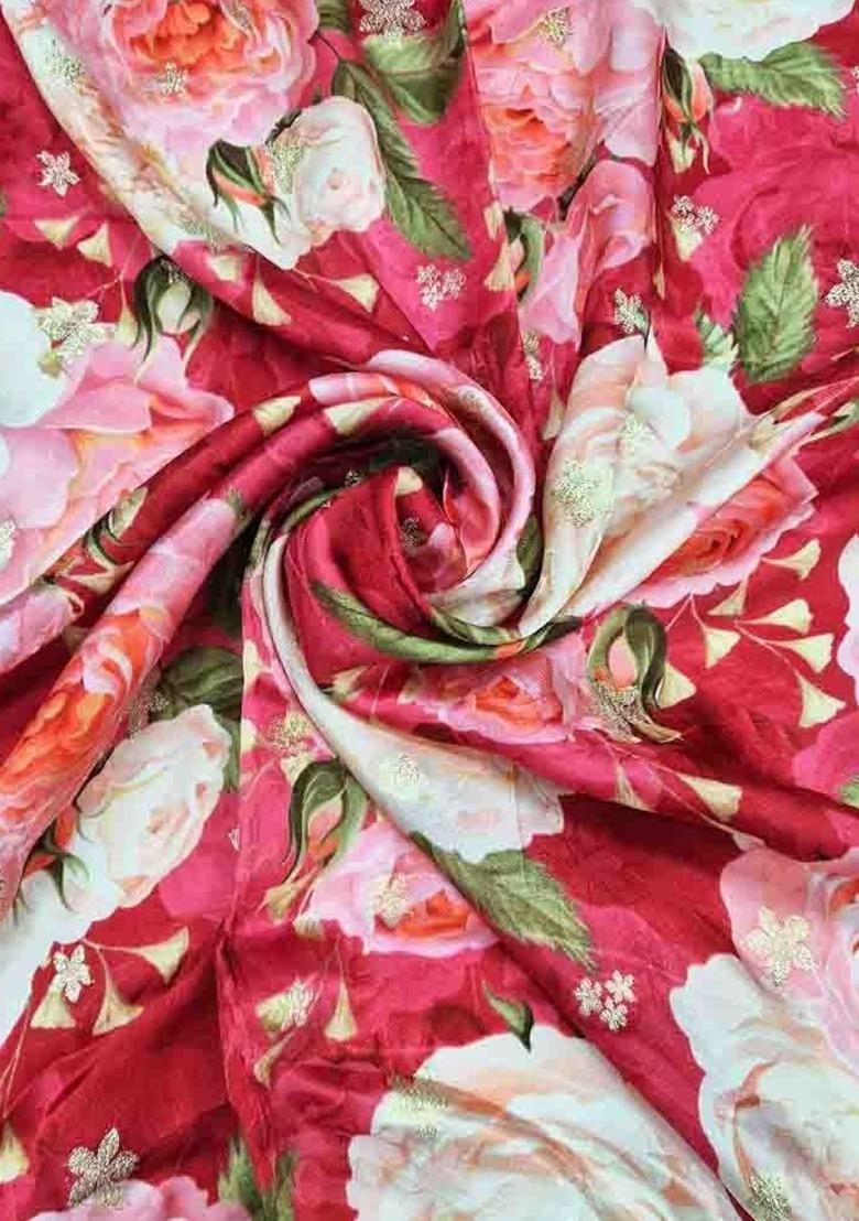 Girls Red Floral Print Satin Lehenga Set