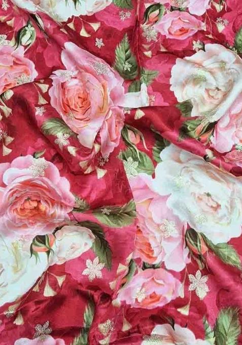 Girls Red Floral Print Satin Lehenga Set