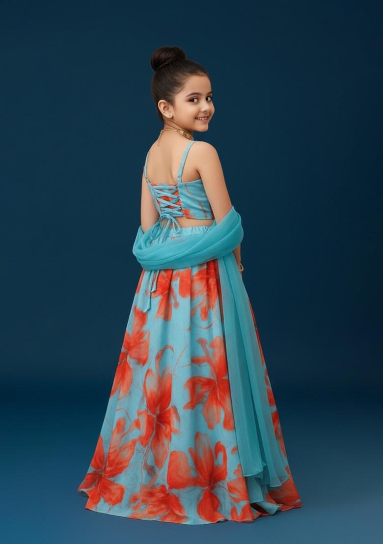 Girls Blue Floral Print Satin Lehenga Set - Indya