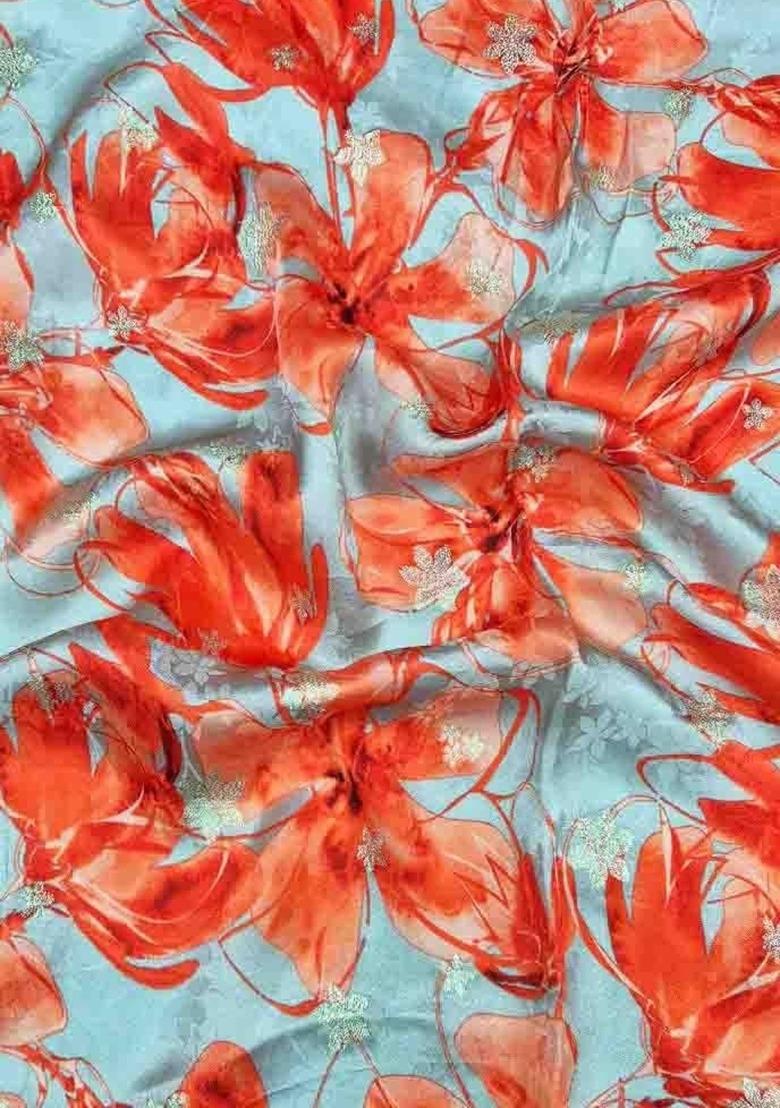 Girls Blue Floral Print Satin Lehenga Set - Indya