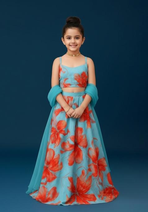 Girls Blue Floral Print Satin Lehenga Set