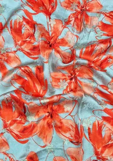 Girls Blue Floral Print Satin Lehenga Set