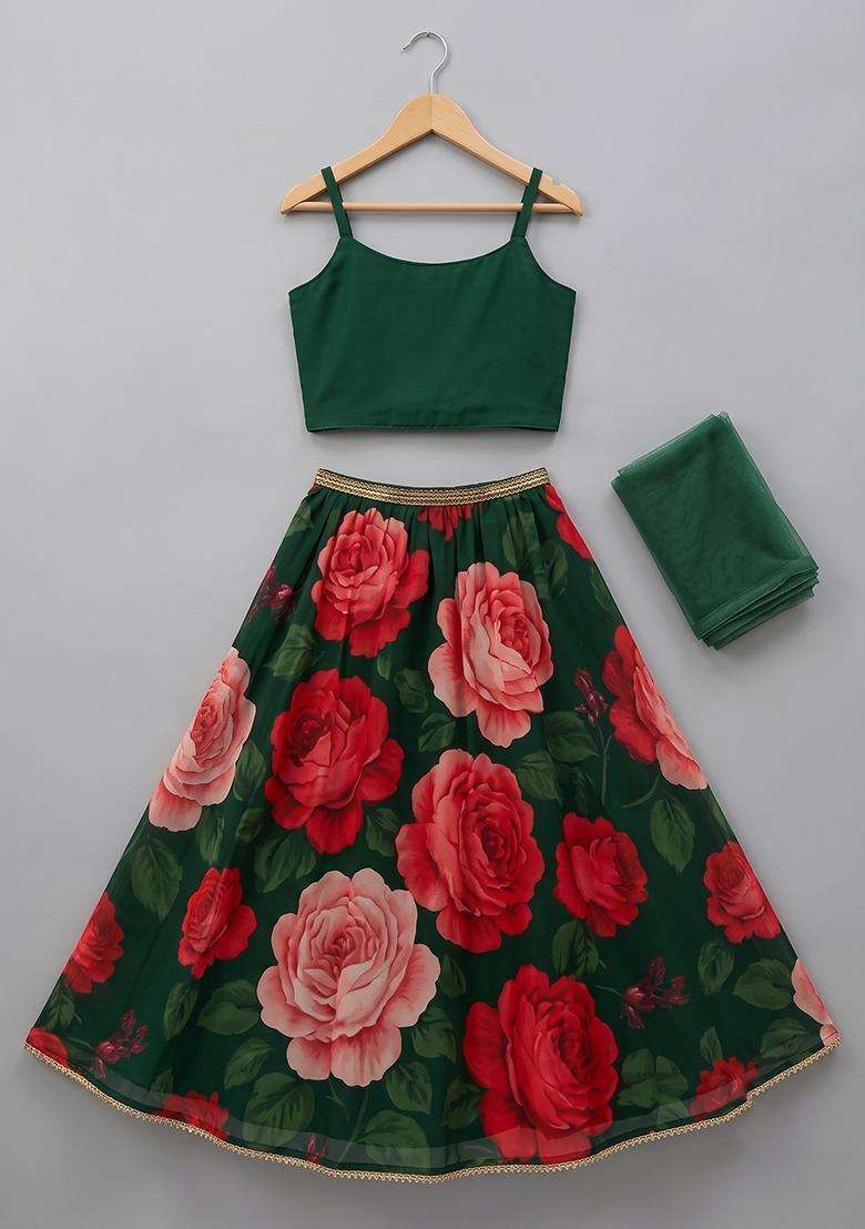 Girls Green Floral Print Organza Lehenga Set - Indya
