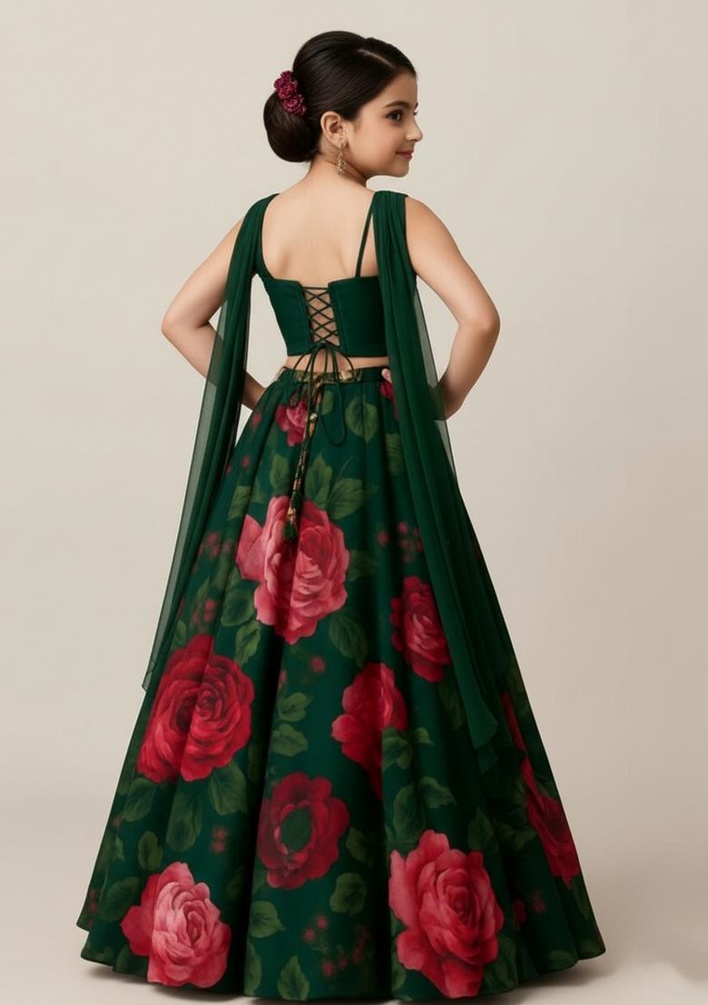 Girls Green Floral Print Organza Lehenga Set - Indya