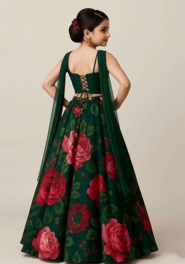 Girls Green Floral Print Organza Lehenga Set - Indya