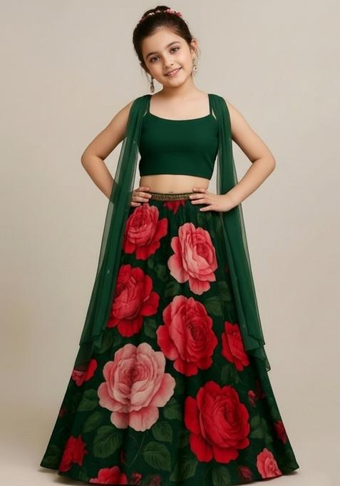 Girls Green Floral Print Organza Lehenga Set