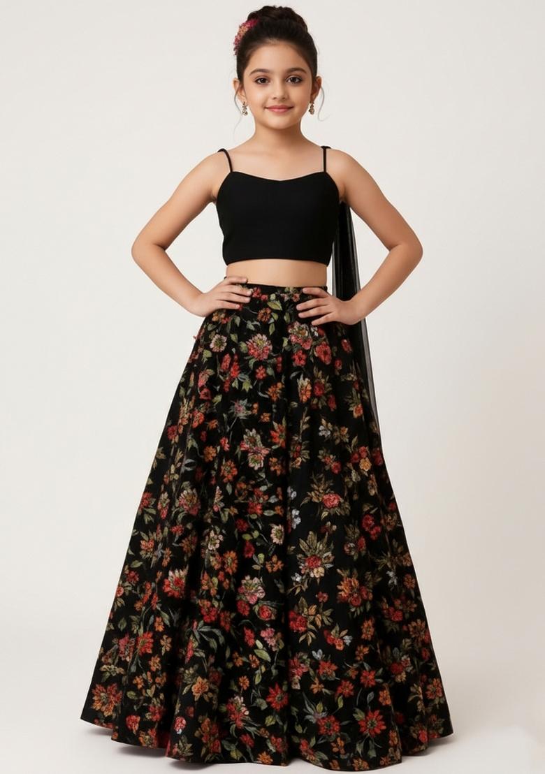 Girls Black Floral Print Chinon Lehenga Set