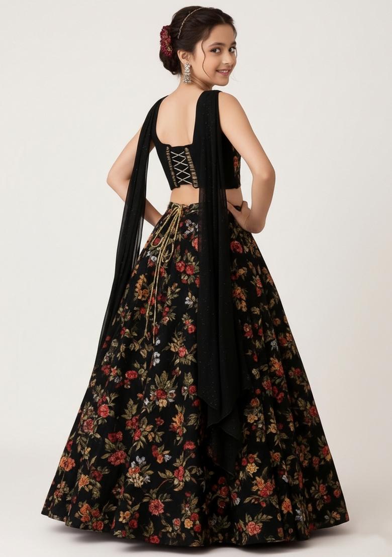 Girls Black Floral Print Chinon Lehenga Set - Indya