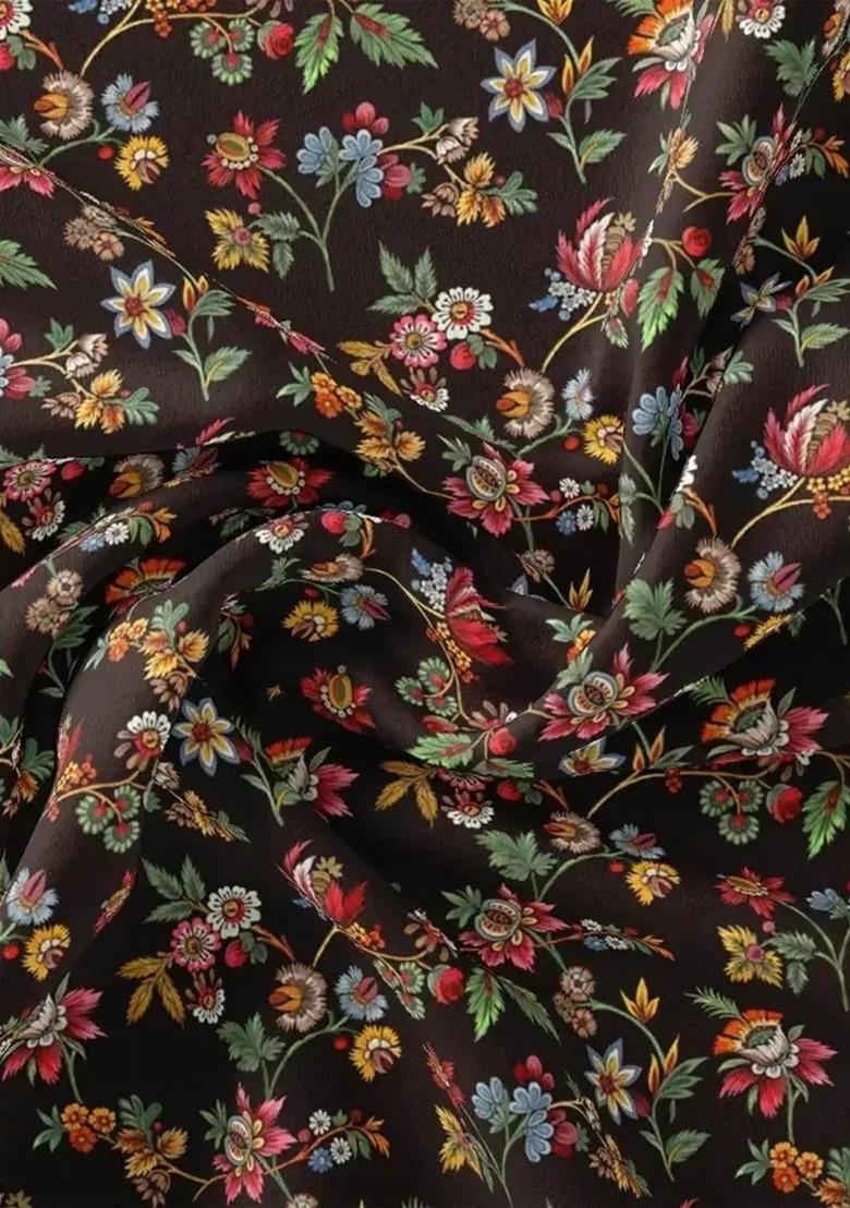 Girls Black Floral Print Chinon Lehenga Set