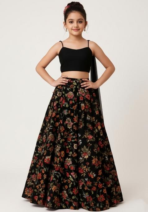 Girls Black Floral Print Chinon Lehenga Set