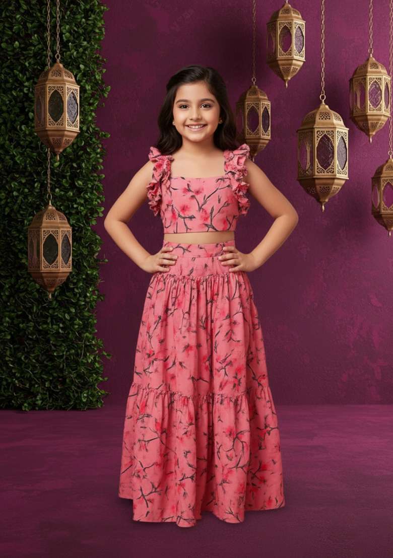 Girls Pink Floral Print Silk Fusion Set - Indya