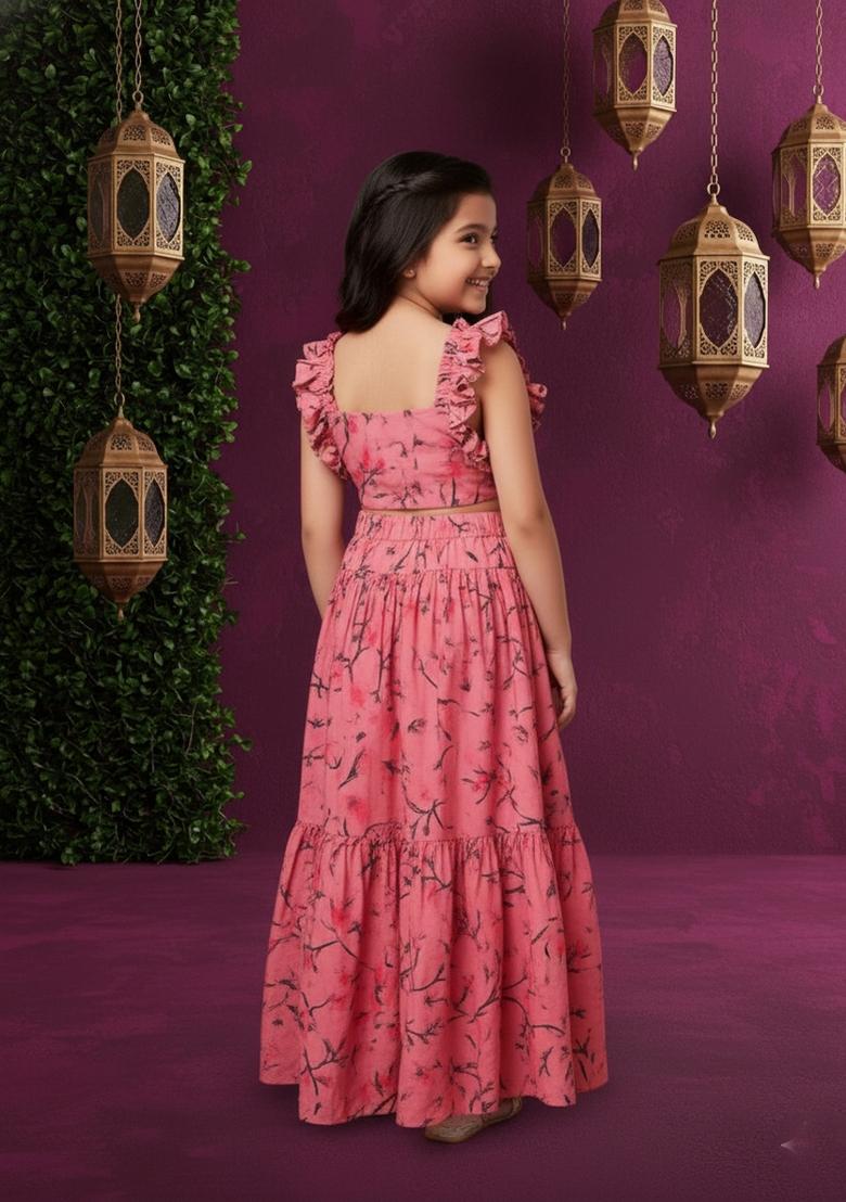 Girls Pink Floral Print Silk Fusion Set - Indya