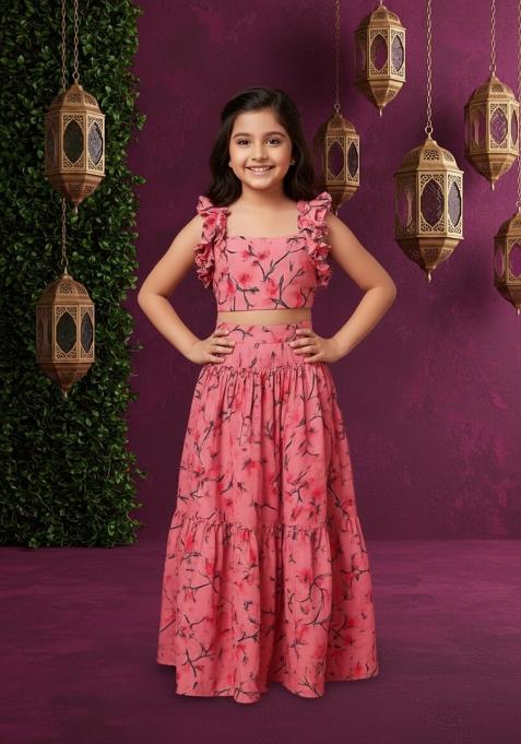 Girls Pink Floral Print Silk Fusion Set