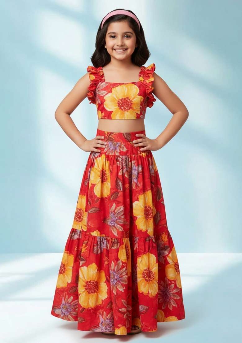 Girls Red Floral Print Satin Fusion Set - Indya