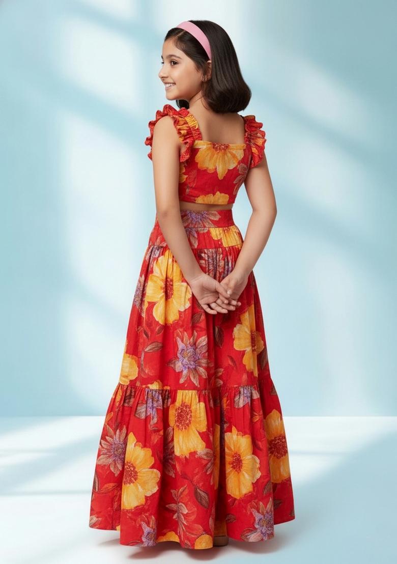 Girls Red Floral Print Satin Fusion Set - Indya