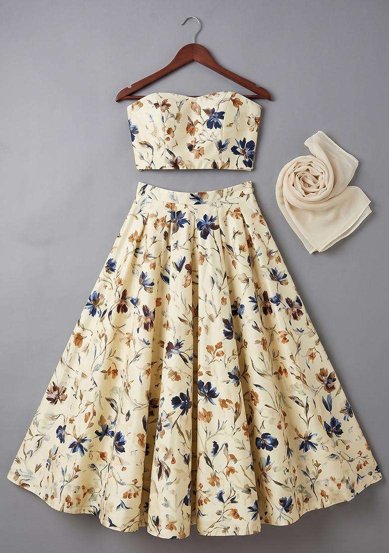 Girls Beige Floral Print Crepe Lehenga Set - Indya