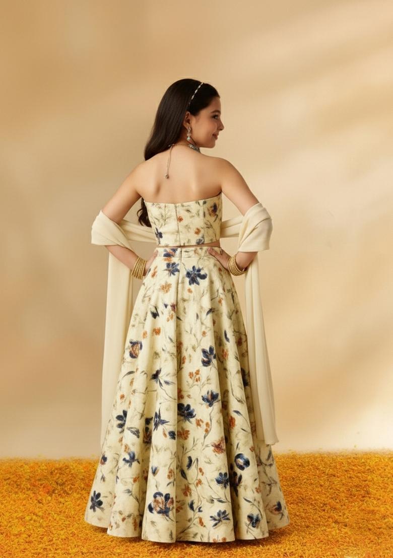 Girls Beige Floral Print Crepe Lehenga Set - Indya