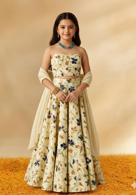 Girls Beige Floral Print Crepe Lehenga Set