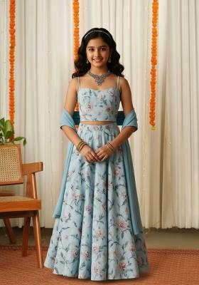 Girls Powder Blue Floral Print Crepe Lehenga Set