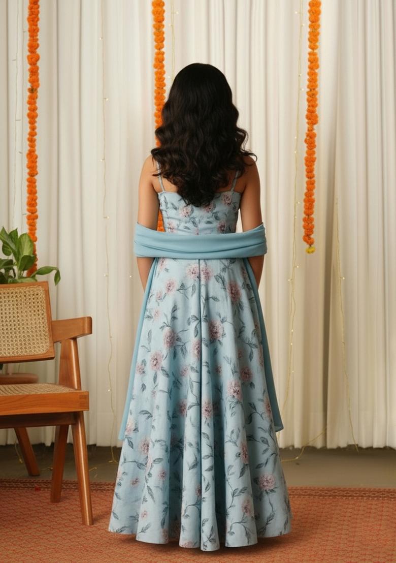 Girls Powder Blue Floral Print Crepe Lehenga Set - Indya