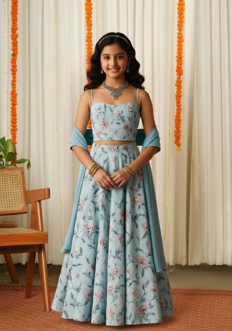 Girls Powder Blue Floral Print Crepe Lehenga Set