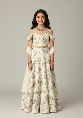 Girls Off White Floral Print Crepe Lehenga Set