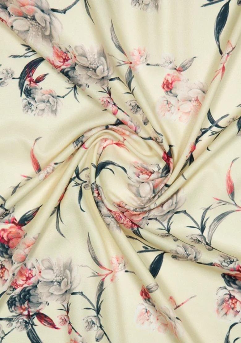 Girls Off White Floral Print Crepe Lehenga Set