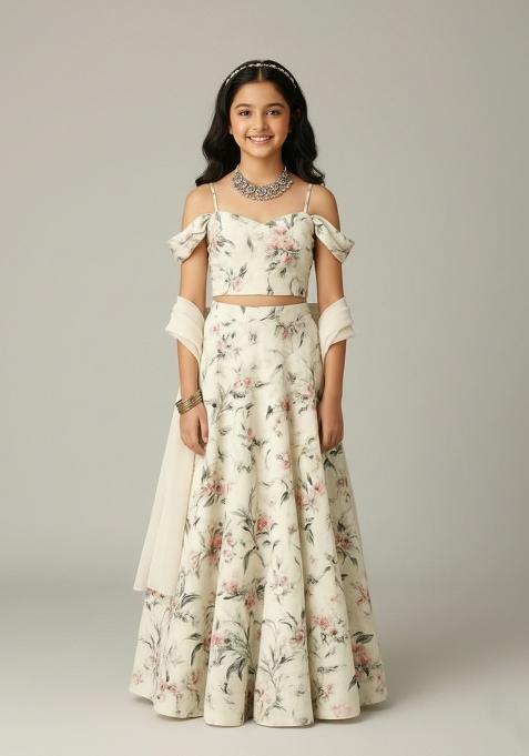 Girls Off White Floral Print Crepe Lehenga Set