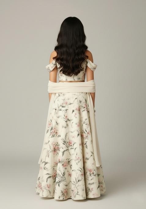 Girls Off White Floral Print Crepe Lehenga Set