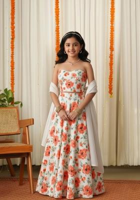 Girls White Floral Print Crepe Lehenga Set