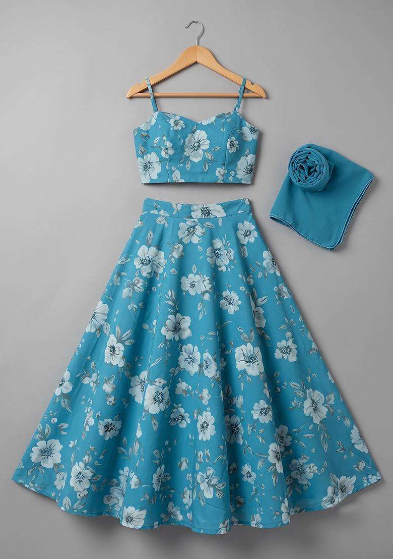 Girls Sky Blue Floral Print Crepe Lehenga Set - Indya