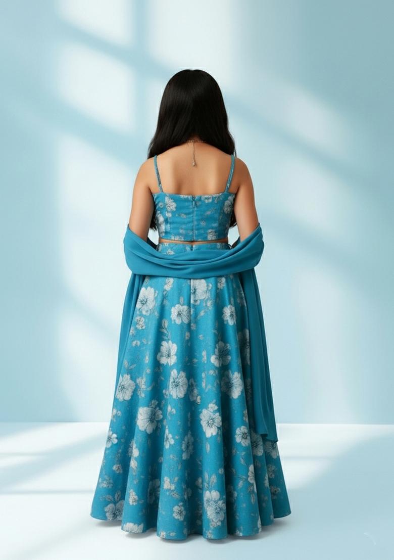 Girls Sky Blue Floral Print Crepe Lehenga Set - Indya