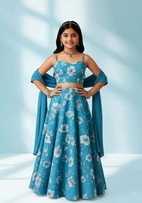 Girls Sky Blue Floral Print Crepe Lehenga Set