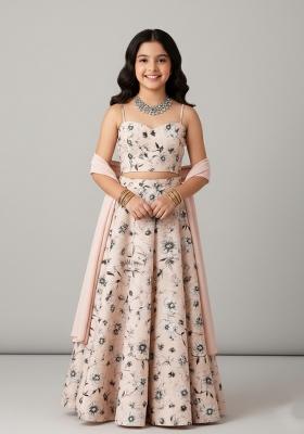 Girls Light Pink Floral Print Crepe Lehenga Set