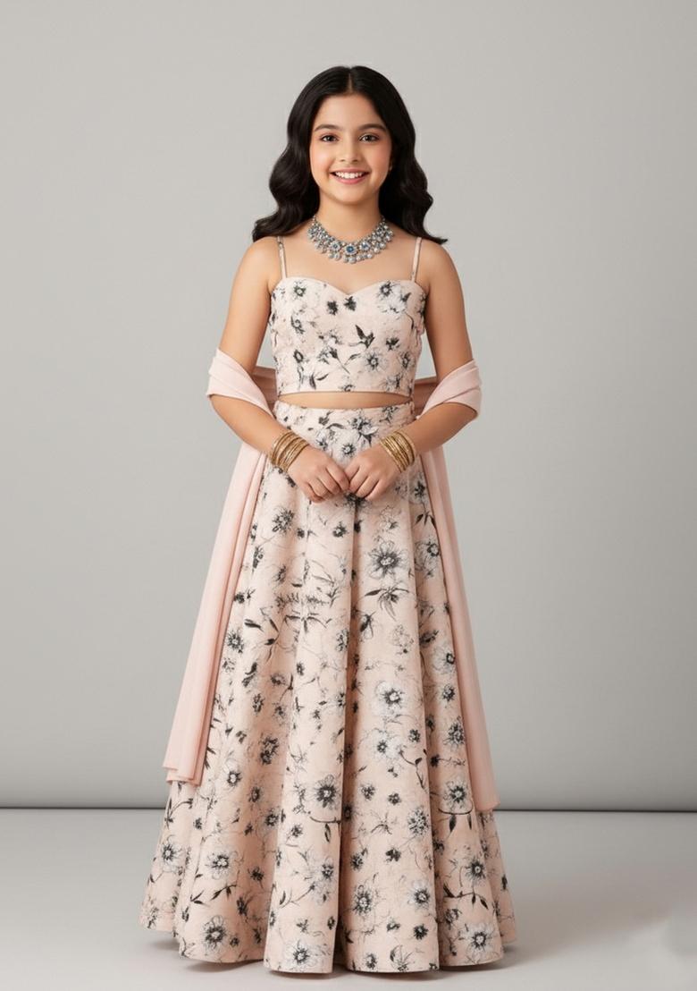 Girls Light Pink Floral Print Crepe Lehenga Set