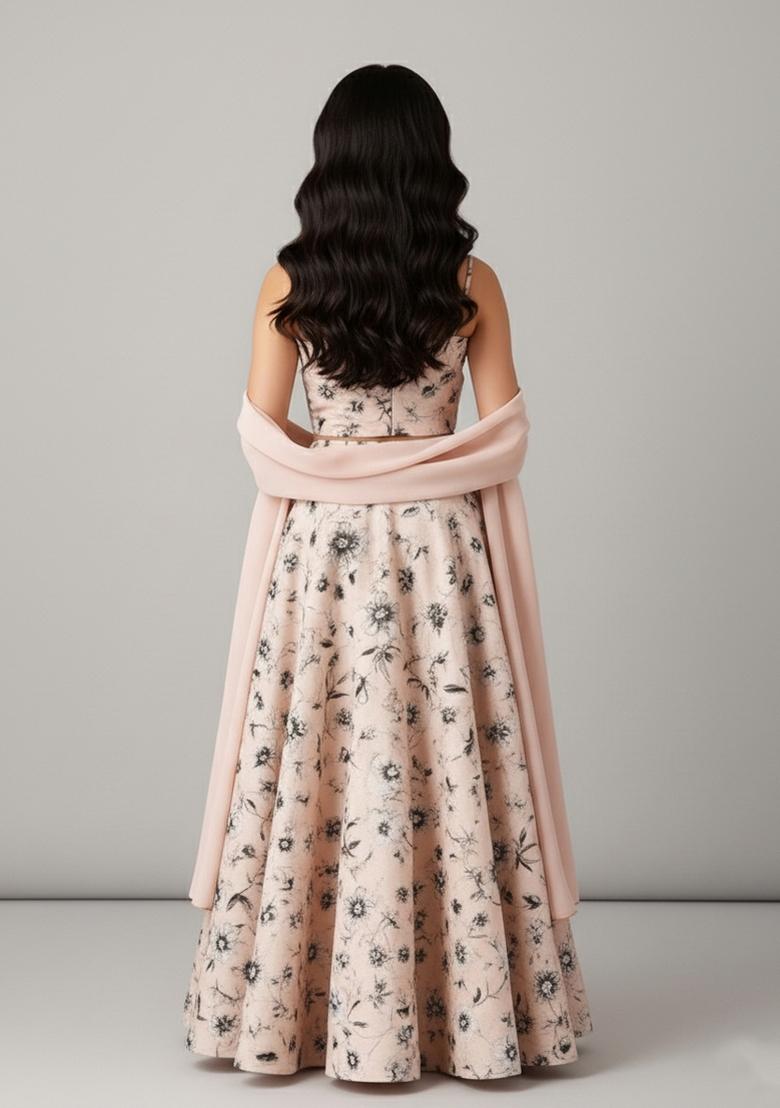 Girls Light Pink Floral Print Crepe Lehenga Set