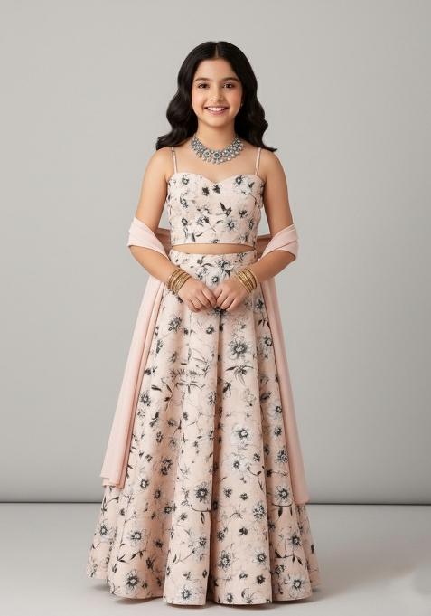 Girls Light Pink Floral Print Crepe Lehenga Set