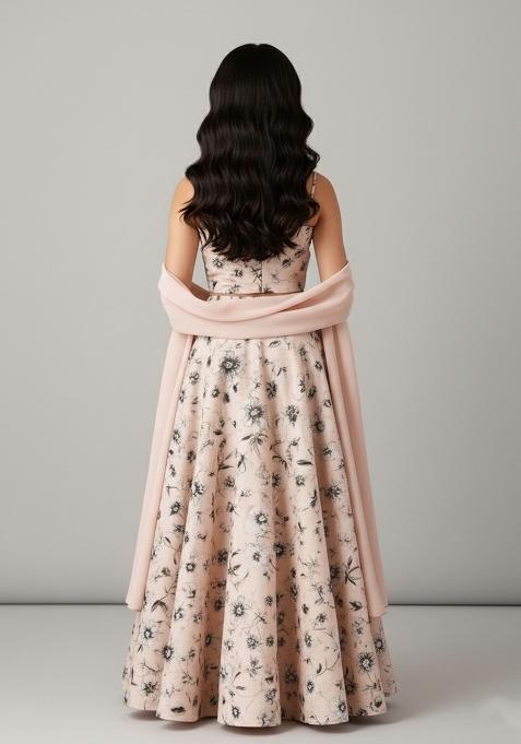 Girls Light Pink Floral Print Crepe Lehenga Set