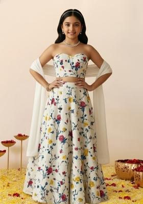 Girls Off White Floral Print Crepe Lehenga Set