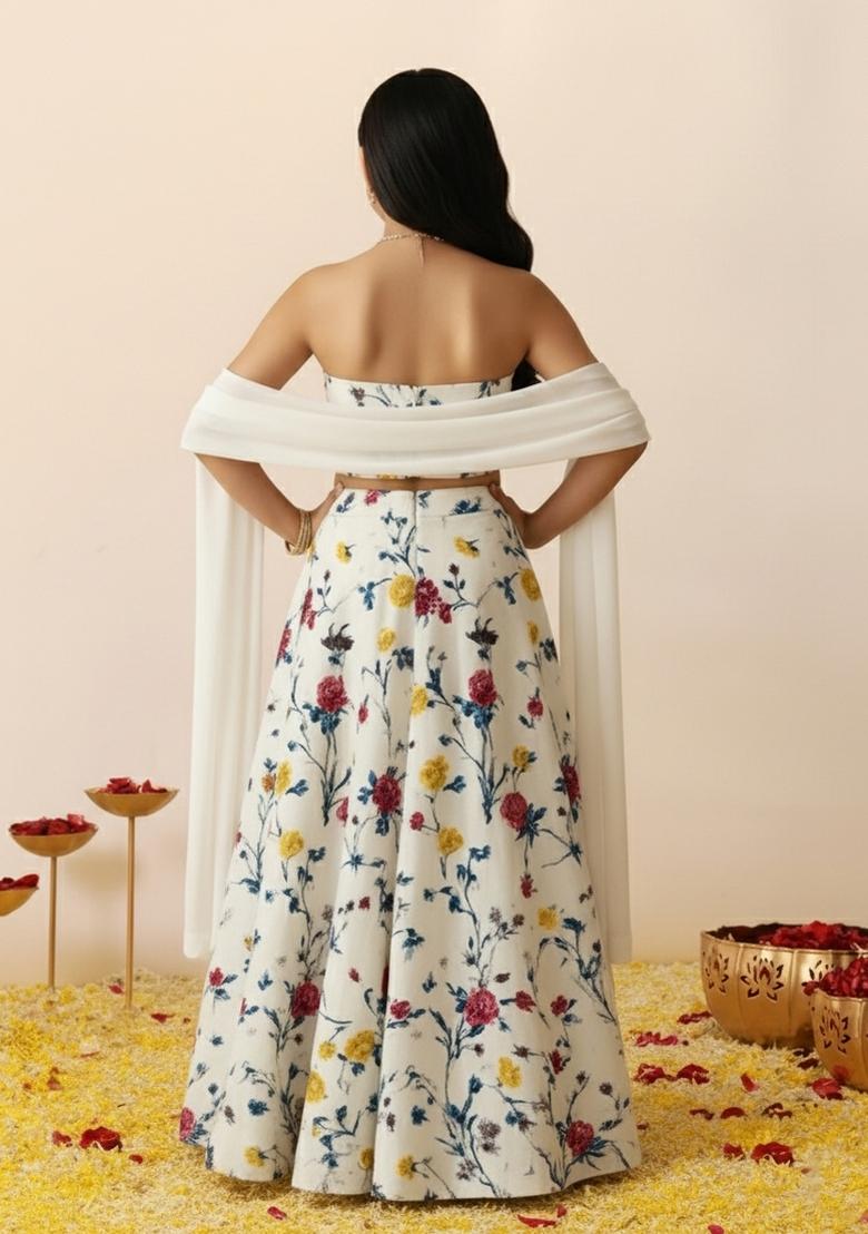 Girls Off White Floral Print Crepe Lehenga Set - Indya