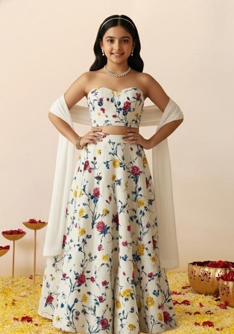 Girls Off White Floral Print Crepe Lehenga Set